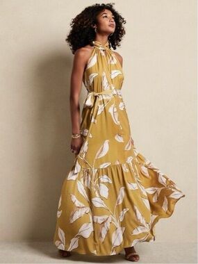Banana Republic Halter Maxi Dress with White Leaf Print